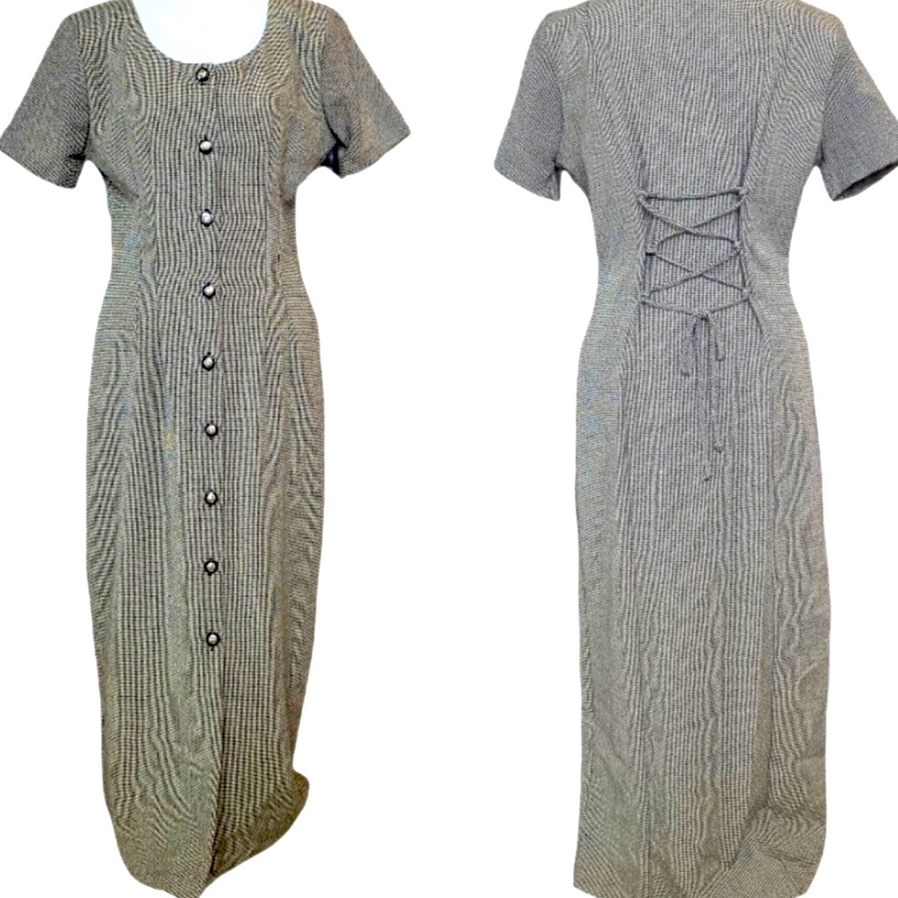 Vintage 90s / 80s Houndstooth Button Up Midi Dress - size women's 9 medium